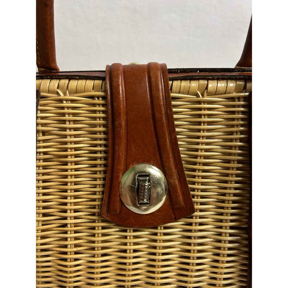Cottagecore Vintage Women Medium Brown Wicker Leather Satchel Classic Timeless - Picture 3 of 12